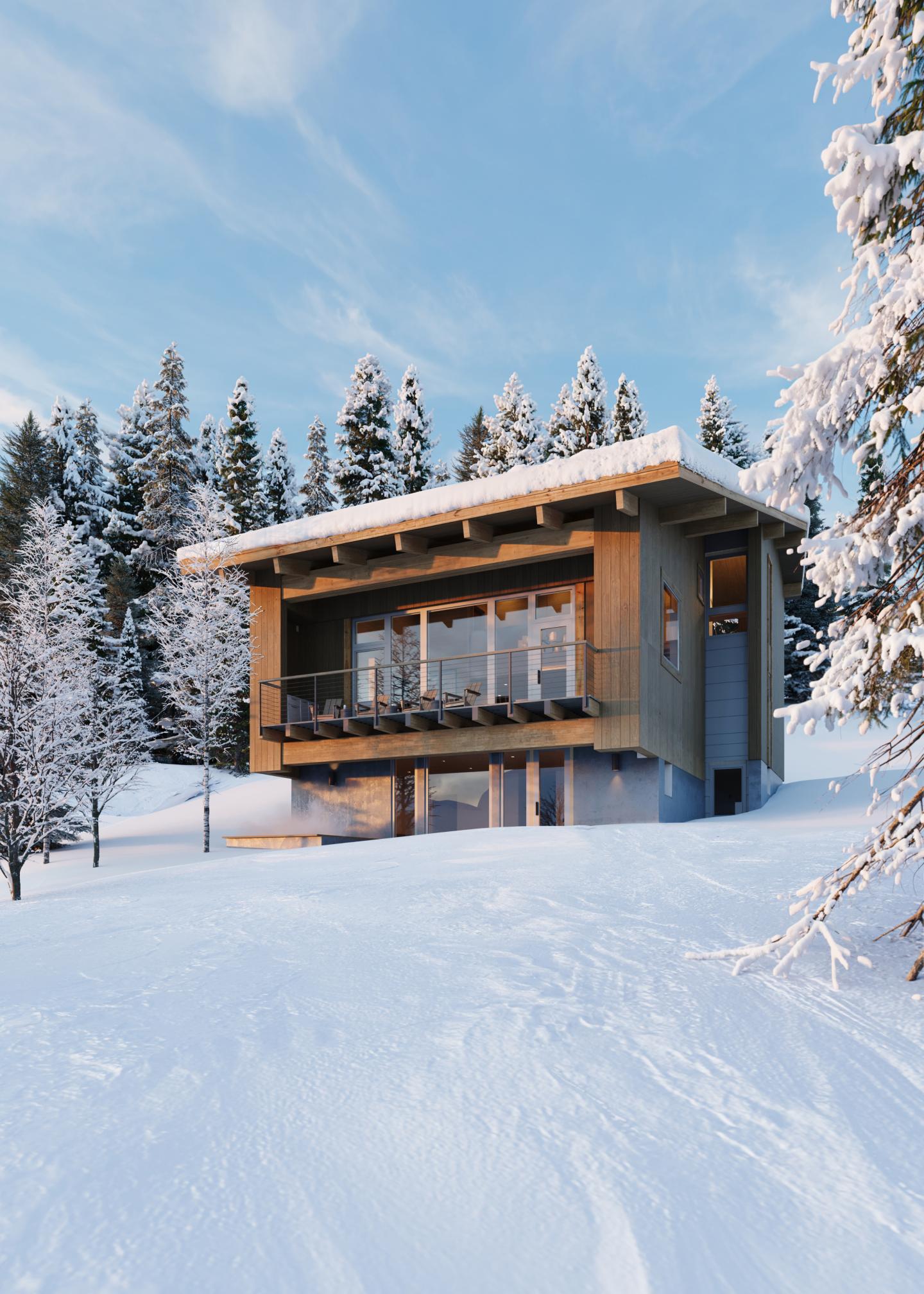 Side profile shot of the property and it's driveway against a snowy backdrop