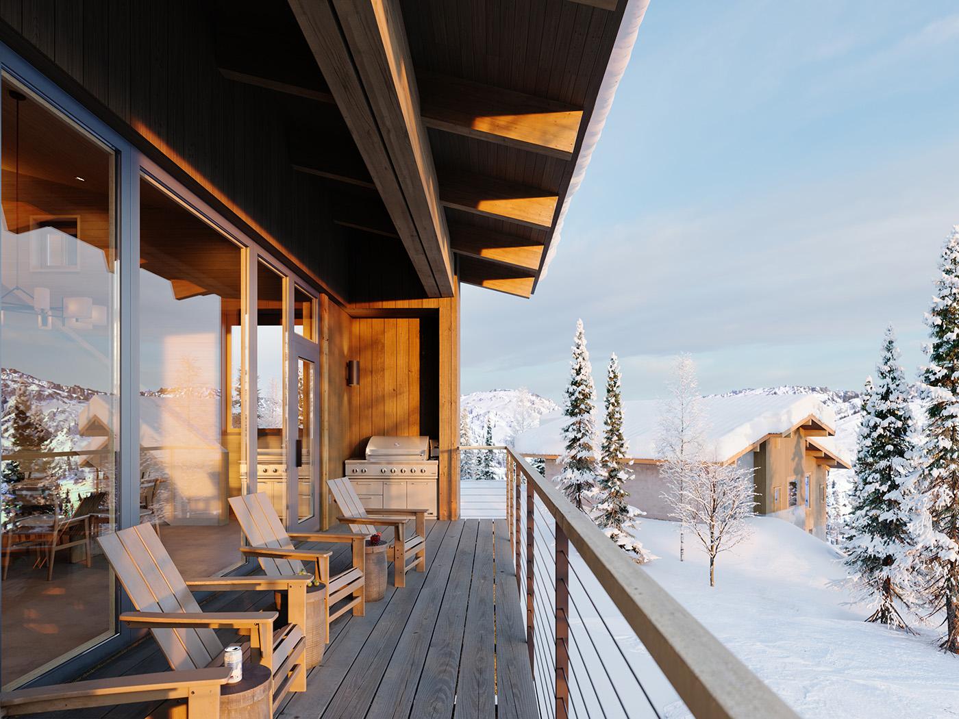 the property sundeck against a backdrop of fresh snow