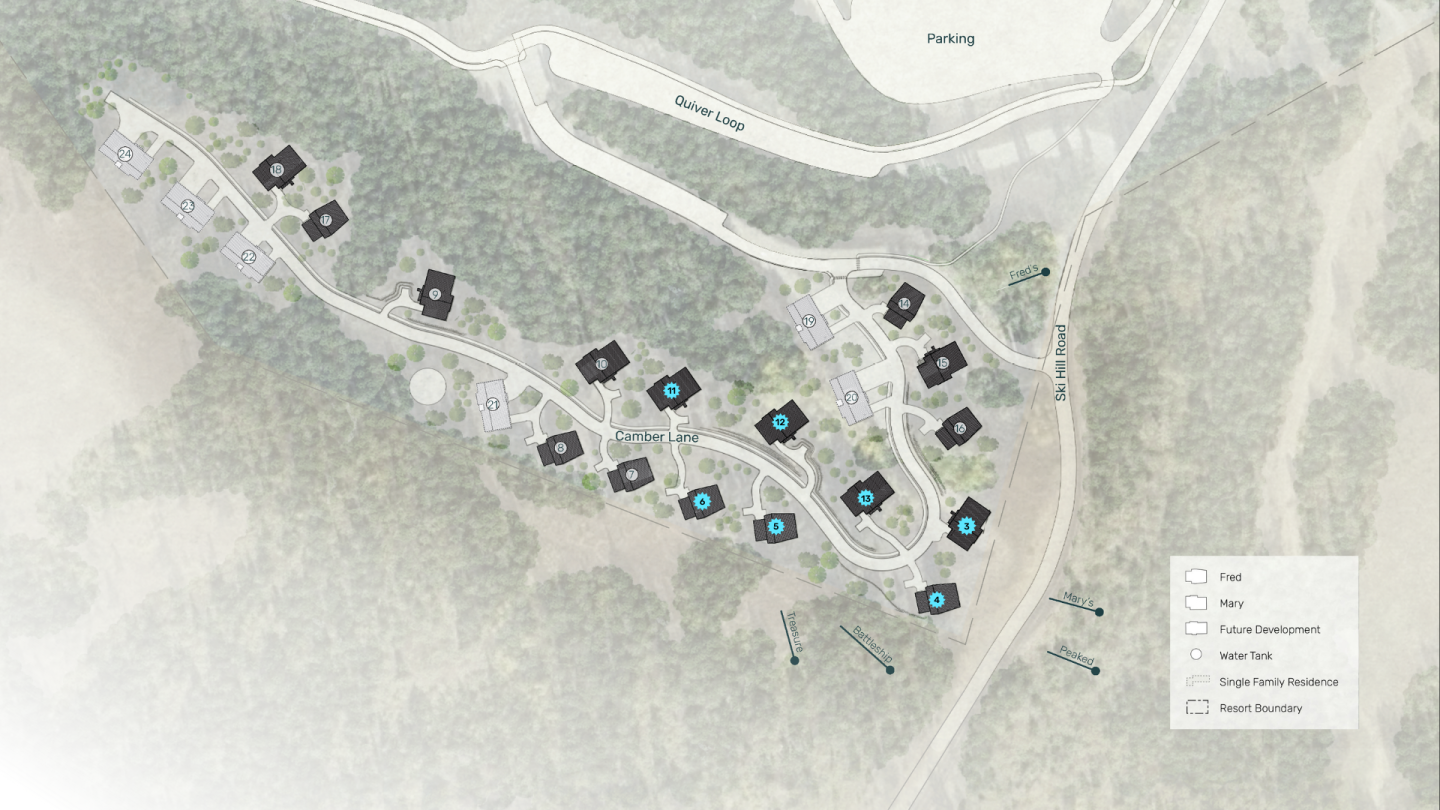 Map showing a winding road through a forested area with numbered plots.