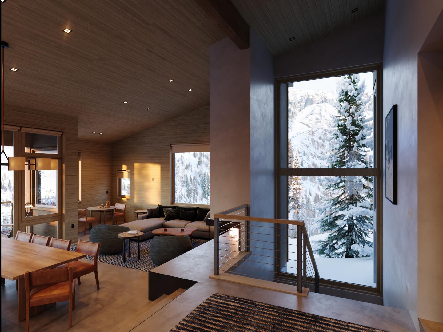 Modern living room with large windows, snowy outside view, wooden ceiling, and cozy furniture.