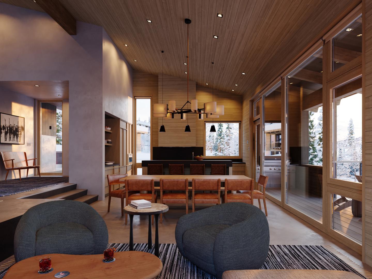 Luxurious modern living room with wooden ceiling and large windows.